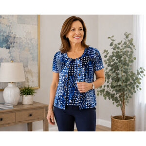 Rafaella Women's Medium Twin Set Cardigan and Top Blue White Abstract Print